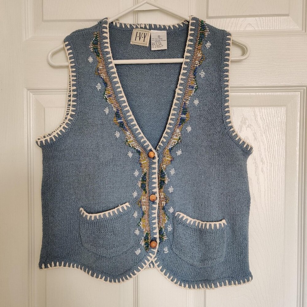 Ivy blue silk vest with beading